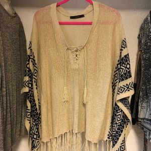 Oatmeal and Blue fringe poncho